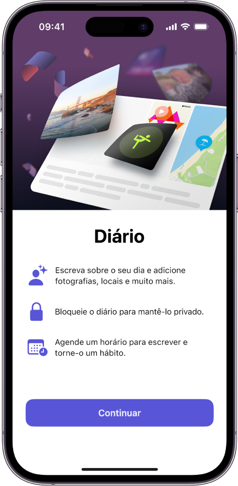 O ecrã de boas-vindas da aplicação Diário.