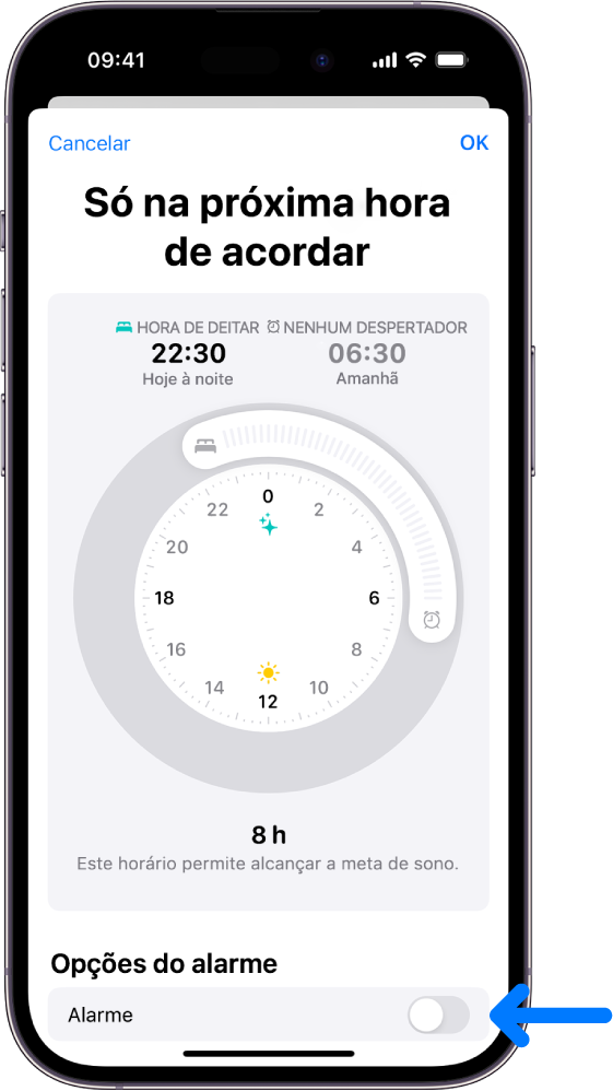 O ecrã “Só na próxima hora de acordar” na aplicação Saúde com o alarme desativado na parte inferior.