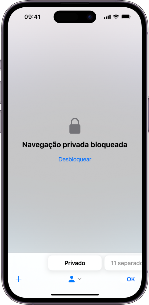 O Safari é aberto na navegação privada. No centro do ecrã estão as palavras “A navegação privada está bloqueada”. Por baixo, há um botão “Desbloquear”.