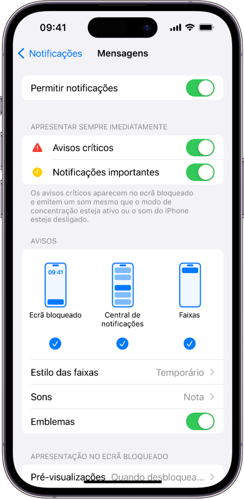 iPhone com definições da aplicação Mensagens para notificações e avisos.