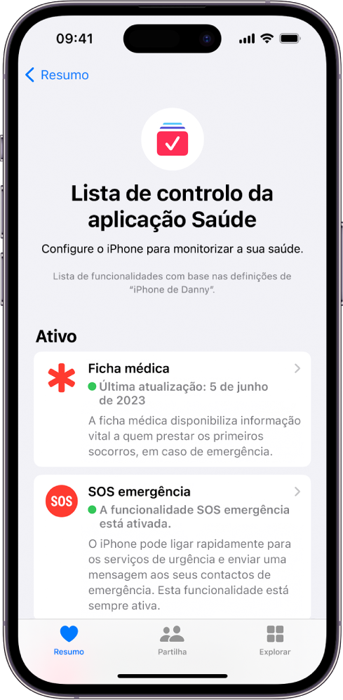 O ecrã “Lista de controlo da aplicação Saúde” a mostrar que “Ficha médica”, “SOS emergência” e “Deteção de acidente” estão ativas.