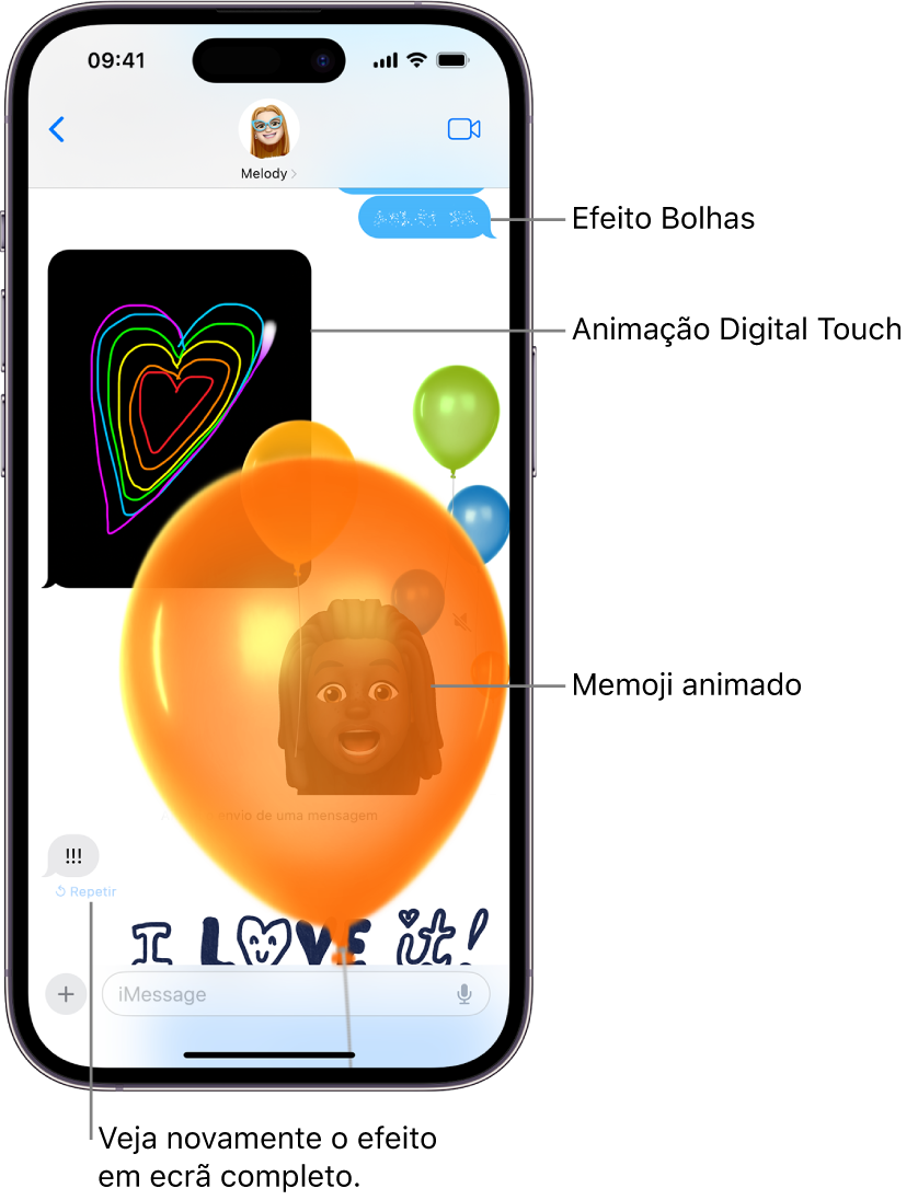 Uma conversa da aplicação Mensagens com bolhas e efeitos de ecrã completo, assim como animações: Digital Touch e uma mensagem escrita à mão.