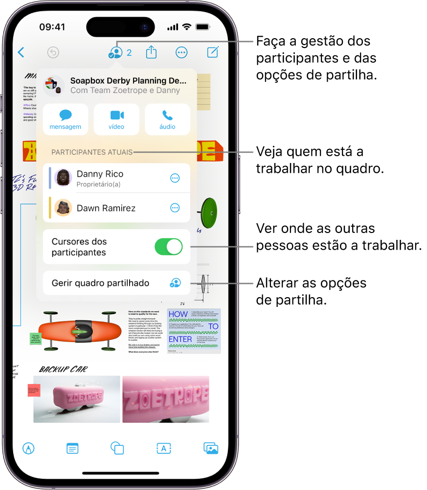 Um quadro Freeform partilhado no iPhone com o menu de colaboração aberto.