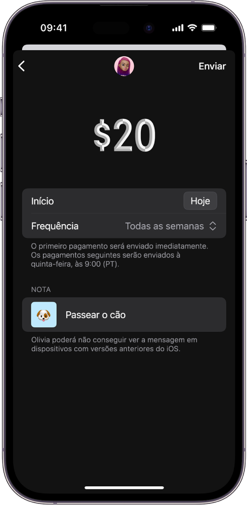 Uma ecrã com as opções para enviar um pagamento recorrente.