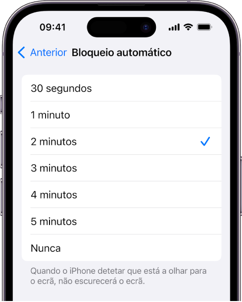 O ecrã de bloqueio automático com as definições para a duração de tempo antes do iPhone bloquear automaticamente.