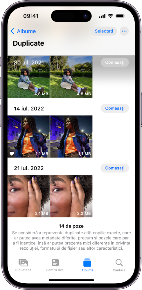 Ecranul Duplicate, prezentând perechi de poze duplicate. În partea dreaptă a ecranului se află butoanele Comasați pentru a comasa fiecare pereche de poze duplicate.