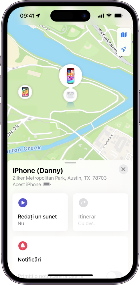 Ecranul Găsire afișând localizarea unui iPhone pe o hartă în partea de sus a ecranului.