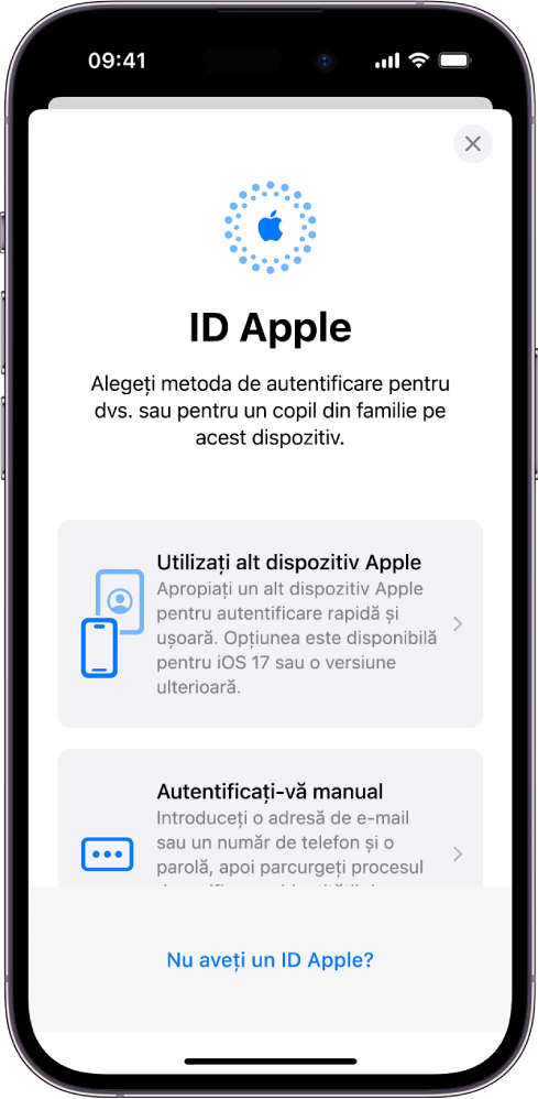 Ecranul de autentificare la ID-ul Apple, cu opțiuni pentru autentificarea folosind alt dispozitiv Apple, autentificare manuală sau pentru situația în care nu aveți un ID Apple.