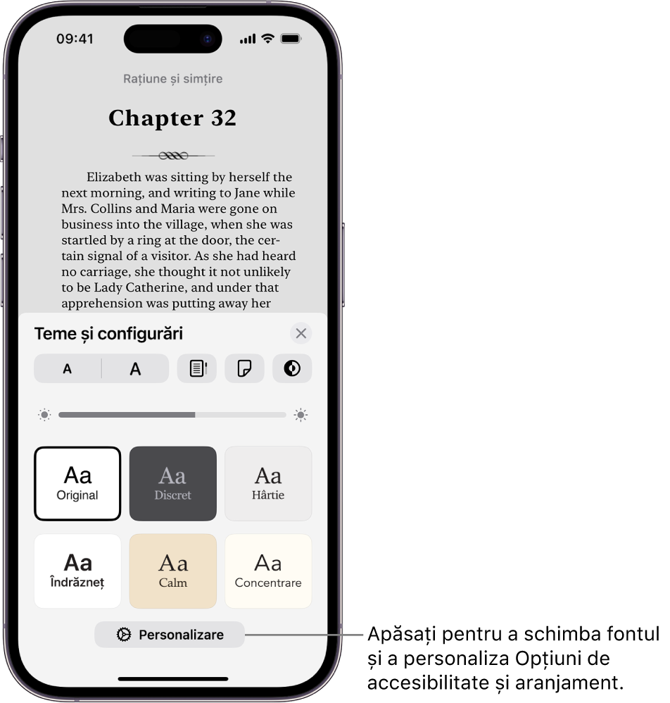 O pagină dintr-o carte în aplicația Cărți. Opțiunile Teme și Configurări afișează comenzi pentru dimensiunea fontului, afișarea derulabilă, stilul de întoarcere a paginilor, luminozitate și stilurile de font.