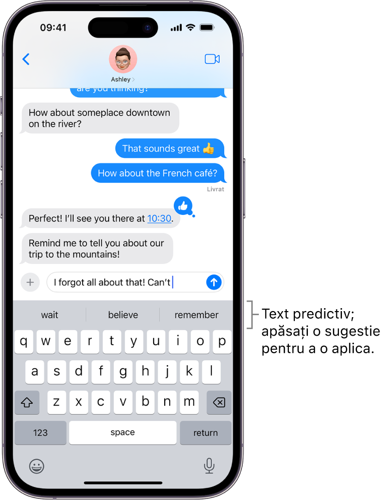 Tastatura de pe ecran este deschisă în aplicația Mesaje. În câmpul de text este introdus un text și deasupra tastaturii sunt sugestii de text predictiv pentru următorul cuvânt.