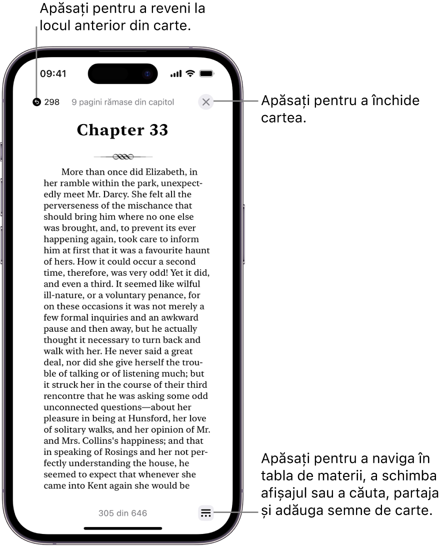 O pagină dintr-o carte în aplicația Cărți. În partea de sus a ecranului sunt butoanele pentru revenirea la pagina la care ați început să citiți și pentru închiderea cărții. În partea dreaptă jos a ecranului este butonul Meniu.