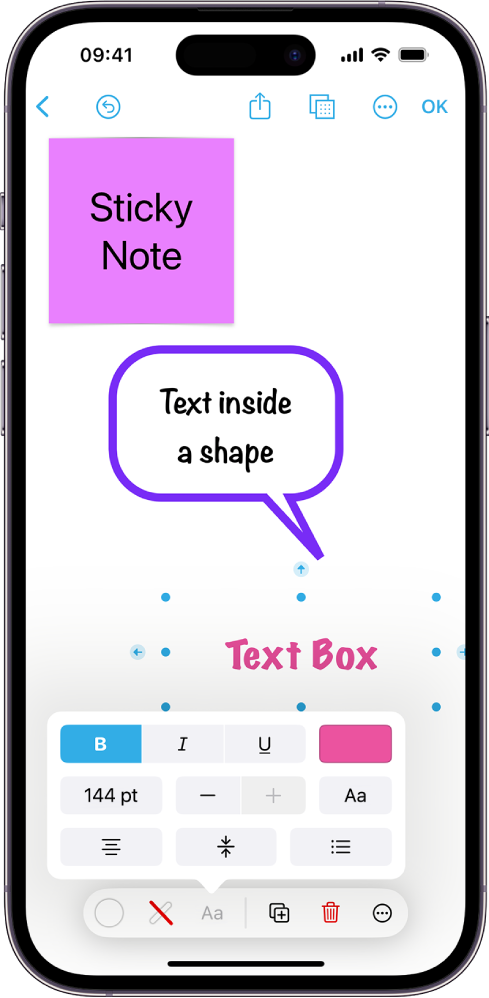 Un panou Freeform afișând o casetă de text selectată și instrumentele de formatare a textului sub aceasta.
