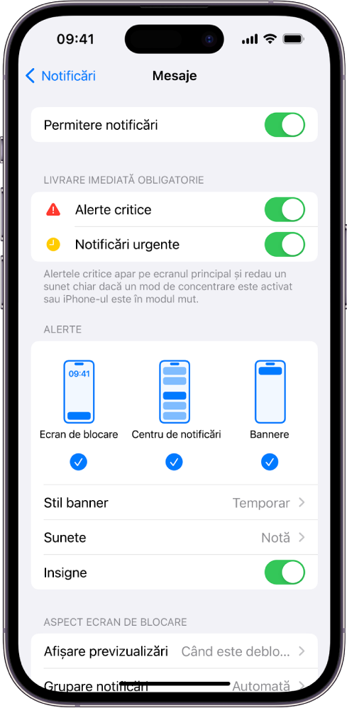 iPhone cu configurările Mesaje pentru notificări și alerte.
