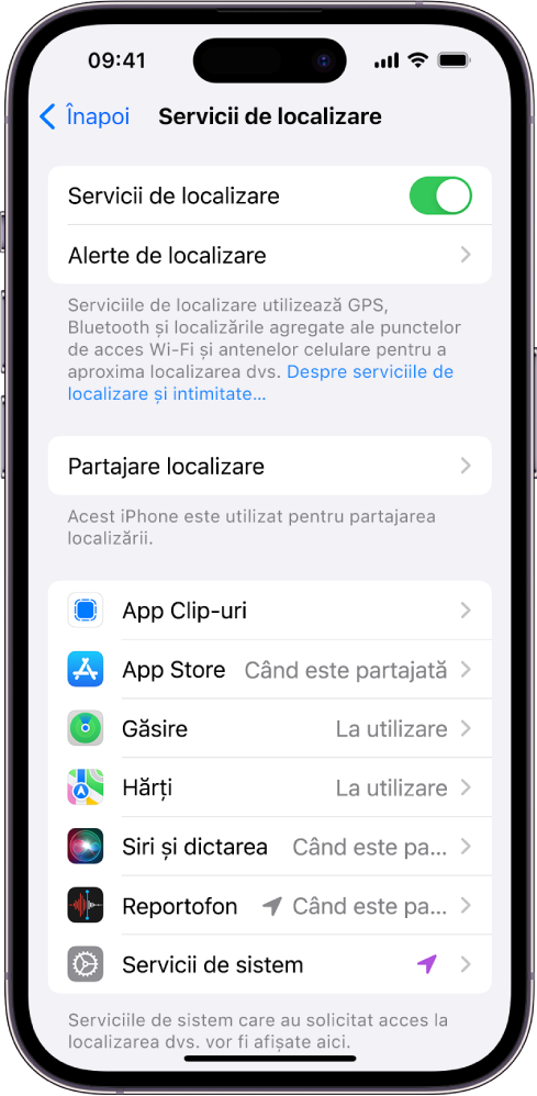 Ecranul Servicii de localizare, cu configurări pentru partajarea localizării iPhone‑ului, inclusiv configurări personalizate pentru aplicații individuale.