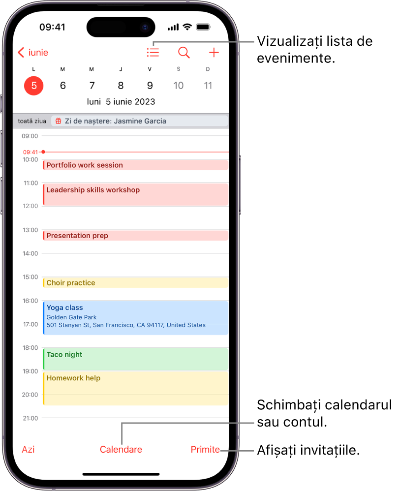 Un calendar în vizualizarea Zi, afișând evenimentele zilei. Butonul Calendare se află în partea centrală jos a ecranului, iar butonul Primite este în dreapta jos.