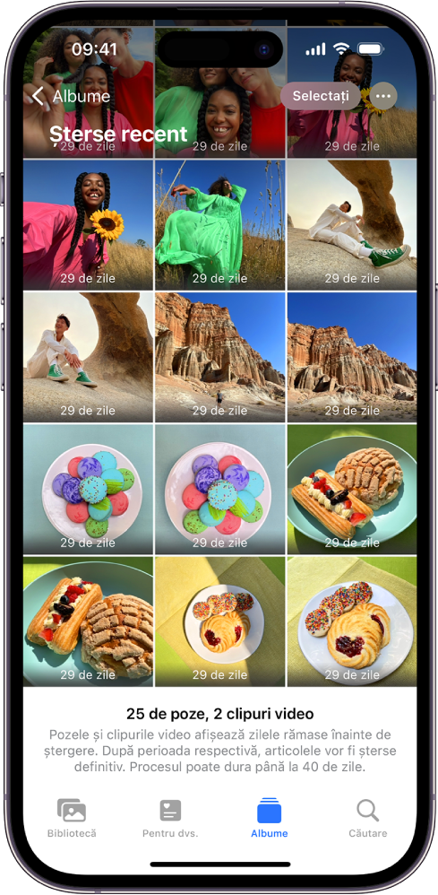 Dosarul Șterse recent din aplicația Poze. Pozele șterse recent apar într-o grilă pe ecran.