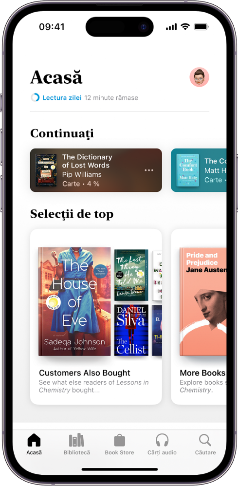 Ecranul Acasă din aplicația Cărți. În partea de jos a ecranului, de la stânga la dreapta, se află filele Acasă, Bibliotecă, Book Store, Cărți audio și Căutare. Fila Acasă este selectată.