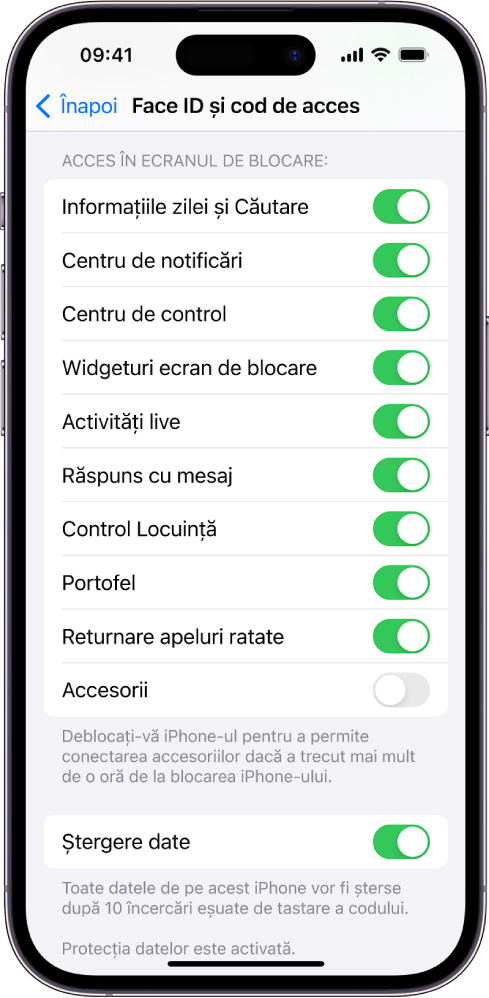 Ecranul Face ID și cod de acces, cu configurări pentru permiterea accesului la anumite funcționalități când iPhone‑ul este blocat.