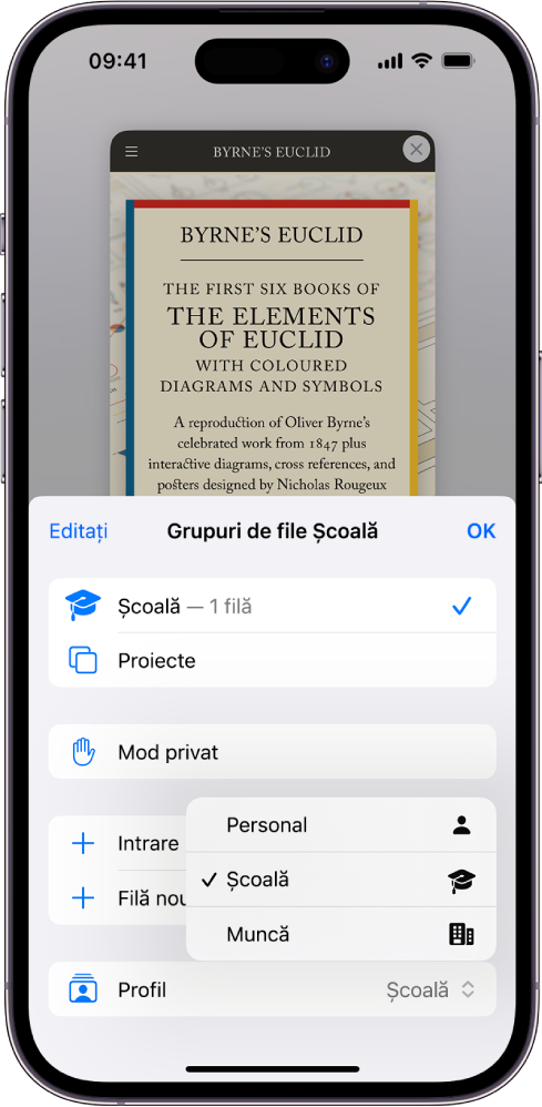 Un profil denumit Școală este selectat în meniul Profil din Safari, iar meniul Grupuri de file Școală este deschis în jumătatea de jos a ecranului.
