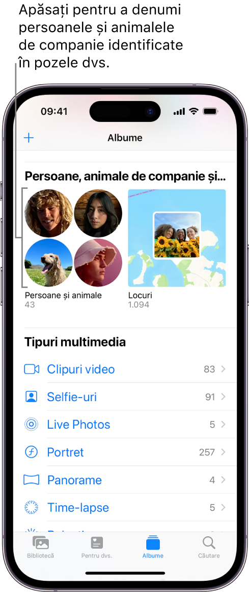 Ecranul Albume din aplicația Poze. Albumul “Persoane și animale” se află în partea de sus a ecranului.
