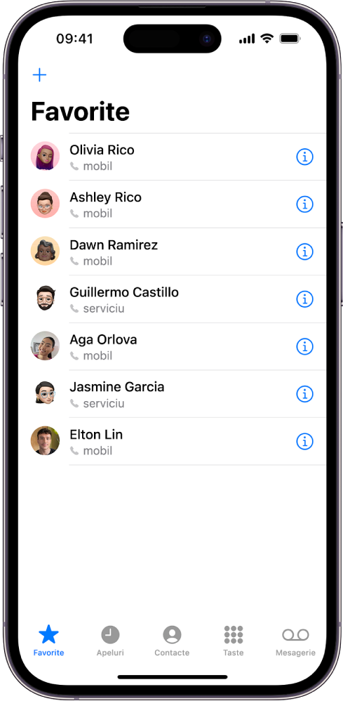 Ecranul Favorite din aplicația Contacte; șase contacte sunt listate ca favorite.