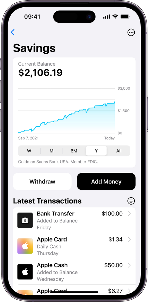 Un ecran prezentând detaliile unui cont Savings, inclusiv soldul curent și un grafic al evoluției soldului în timp în partea de sus, butoane pentru retragerea sau adăugarea banilor în centru și cele mai recente tranzacții în partea de jos.