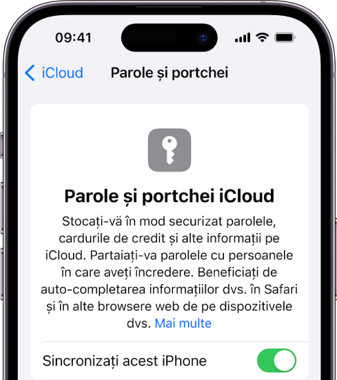 Ecranul Parole și portchei iCloud, cu o configurare pentru sincronizarea acestui iPhone.