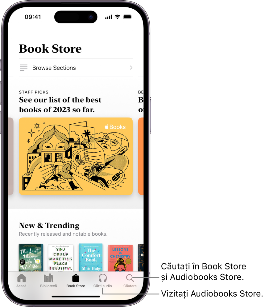 Ecranul Book Store din aplicația Cărți. În partea de jos a ecranului, de la stânga la dreapta, se află filele Acasă, Bibliotecă, Book Store, Cărți audio și Căutare. Fila Book Store este selectată.