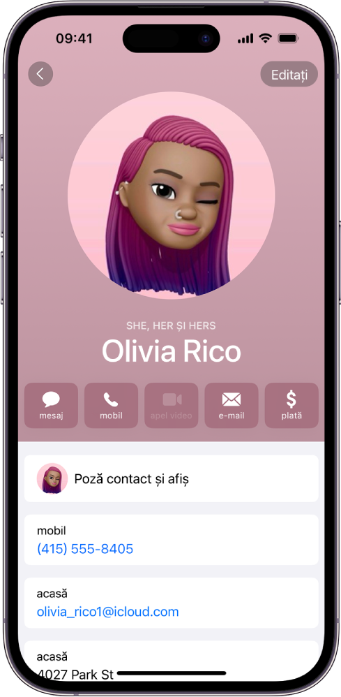 Un contact denumit Olivia Raicu cu pronumele Ea sub poza de contact. Sub numele acesteia se află butoane pentru trimiterea unui mesaj, apelare, trimiterea unui e-mail și utilizarea Apple Pay. În partea de jos a ecranului se află numărul de mobil și adresa de e-mail a contactului.