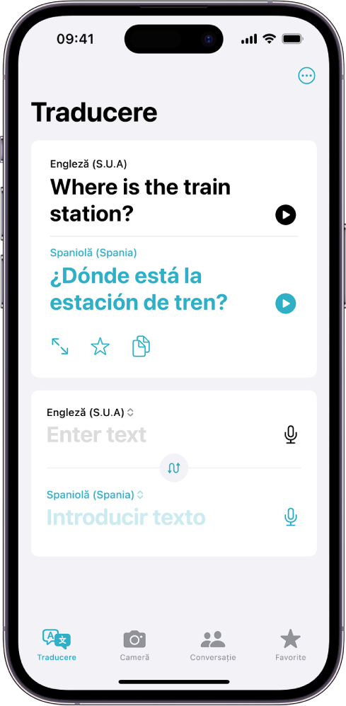 Fila Traducere, afișând o propoziție tradusă din engleză în spaniolă. Dedesubtul propoziției traduse se află câmpul de introducere a textului.