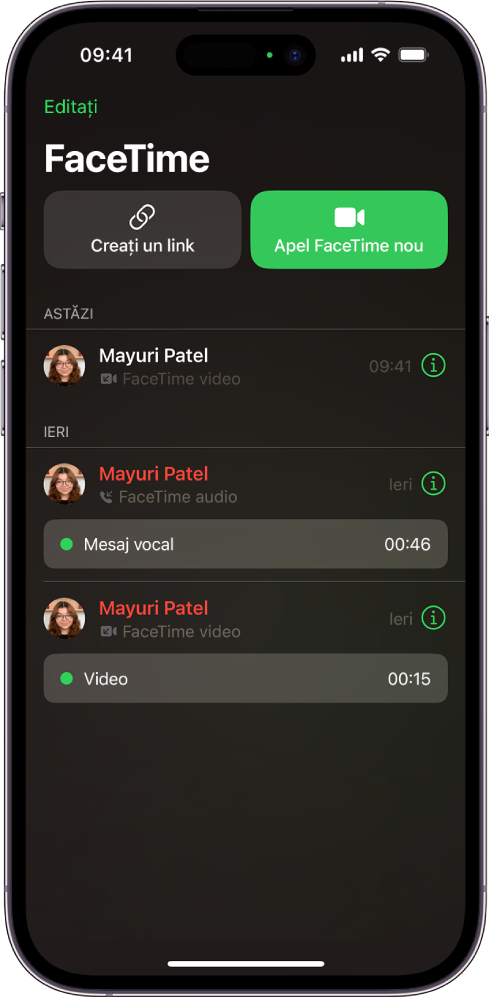 Ecranul de inițiere a unui apel FaceTime, afișând butonul Creați un link și butonul Apel FaceTime nou pentru efectuarea unui apel FaceTime.