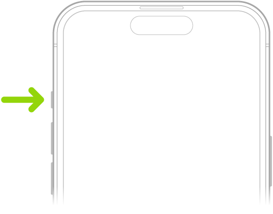 В верхней части передней панели iPhone отображается переключатель «Звонок/Бесшумно» в левом верхнем углу над кнопками регулировки громкости.
