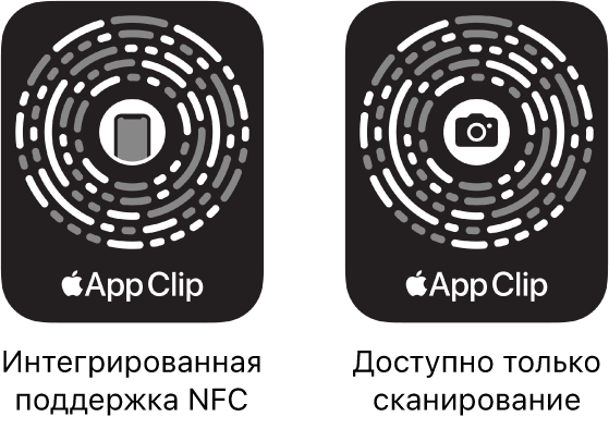 Слева показан код блиц-приложения, встроенный в NFC, со значком iPhone в центре. Слева показан код блиц-приложения, доступный только для сканирования, со значком камеры в центре.