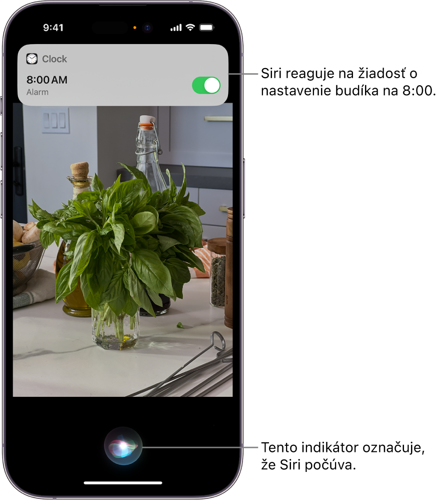 Obrazovku iPhonu. V hornej časti obrazovky sa zobrazuje hlásenie apky Hodiny, ktoré uvádza, že budík je nastavený na 8:00. Ikona v spodnej časti obrazovky označuje, že Siri počúva.