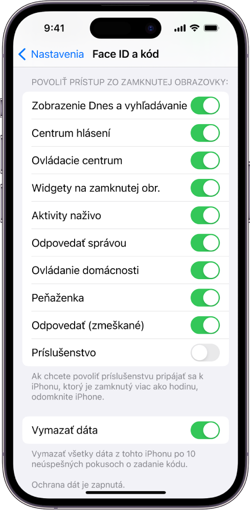 Obrazovka Face ID a kód s nastaveniami umožňujúcimi prístup k špecifickým funkciám na zamknutom iPhone.