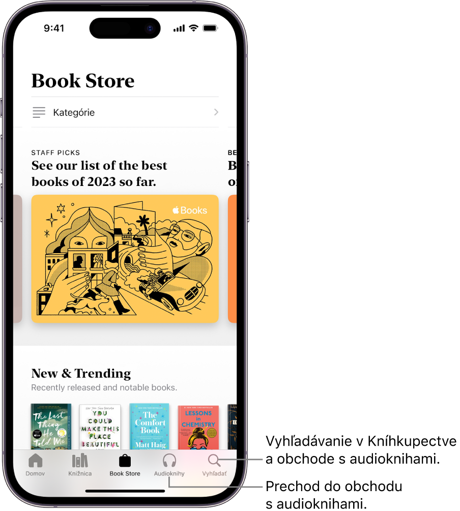 Obrazovka Book Storu v apke Knihy. Naspodku obrazovky sú zľava doprava taby Domov, Knižnica, Book Store, Audioknihy a Vyhľadať. Je vybraný tab Book Store.