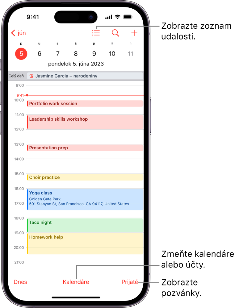 Kalendár v zobrazení dňa s dennými udalosťami. V strednej dolnej časti obrazovky je tlačidlo Kalendáre a v pravej dolnej časti je tlačidlo Prijaté.