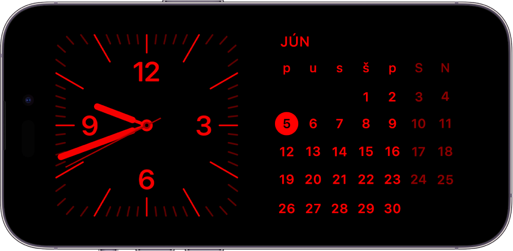 iPhone v pasívnom režime pri slabom okolitom svetle. Zobrazujú sa na ňom widgety Hodiny a Kalendár s červeným odtieňom.