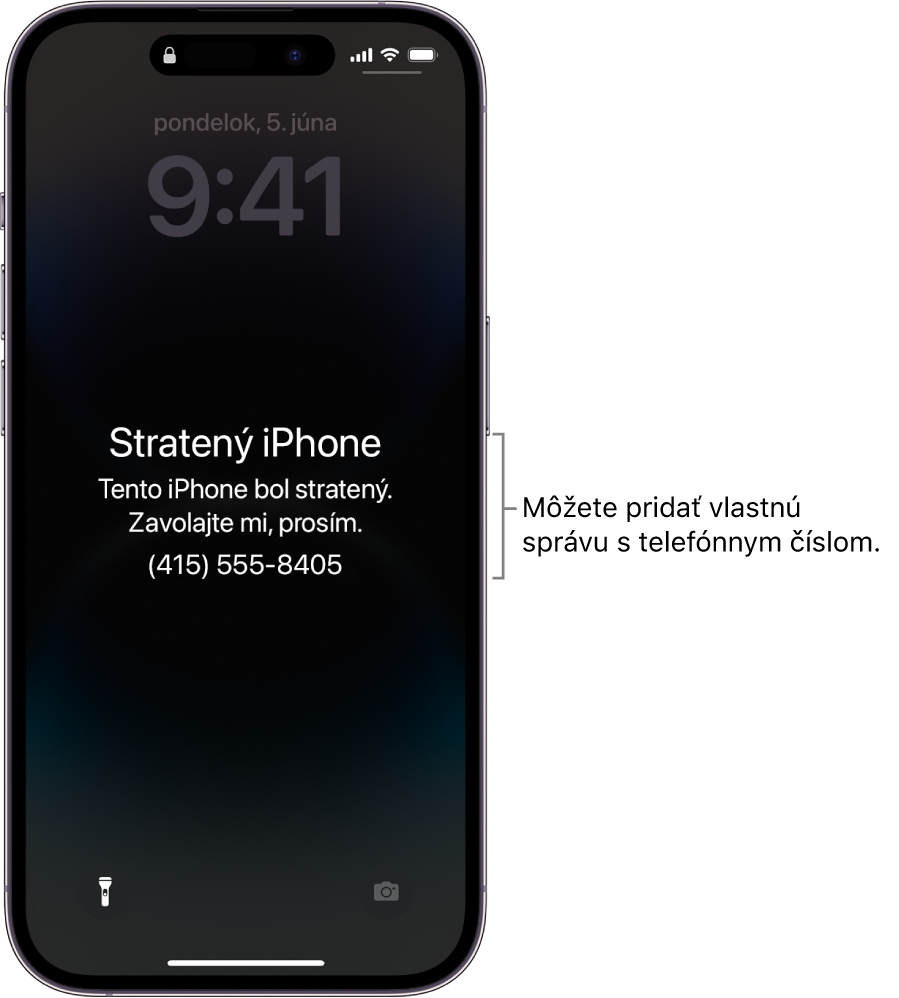 Zamknutá obrazovka iPhonu so správou o stratenom iPhone. Môžete pridať vlastnú správu s vaším telefónnym číslom.