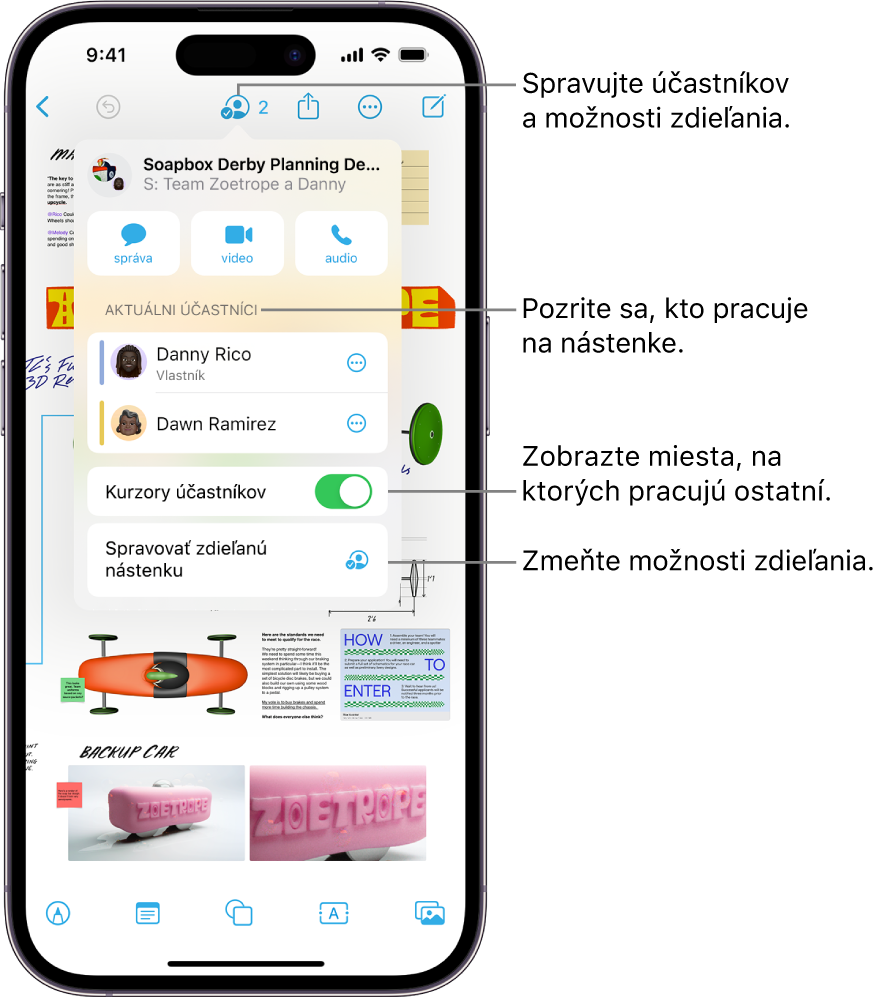 Zdieľaná nástenka v apke Freeform na iPhone so zobrazeným menu spolupráce.
