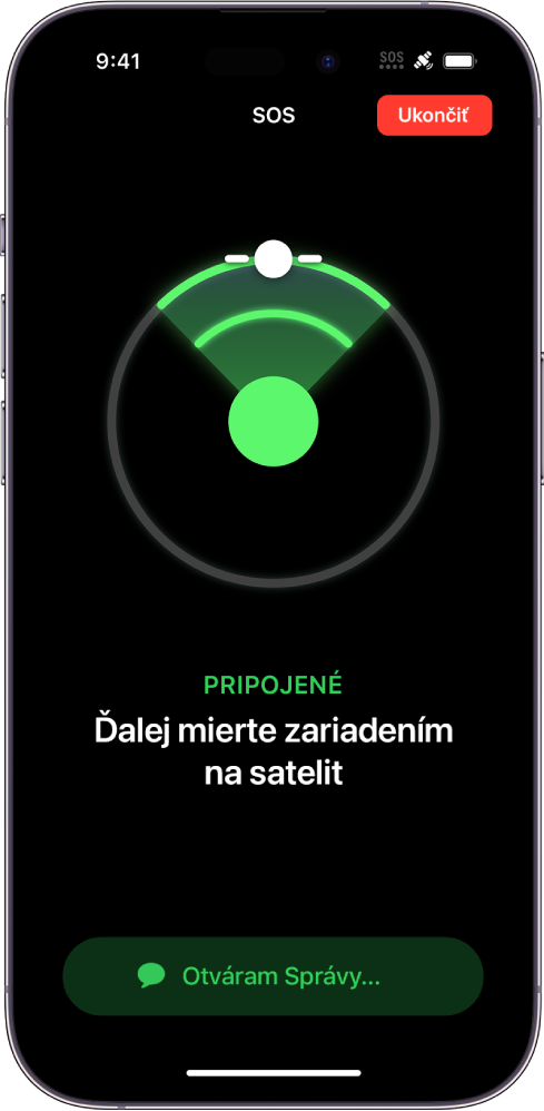 Obrazovka funkcie SOS zobrazuje, že telefón je pripojený, a prikazuje užívateľovi nasmerovať zariadenie na satelit. V dolnej časti obrazovky je tlačidlo Otváram Správy.