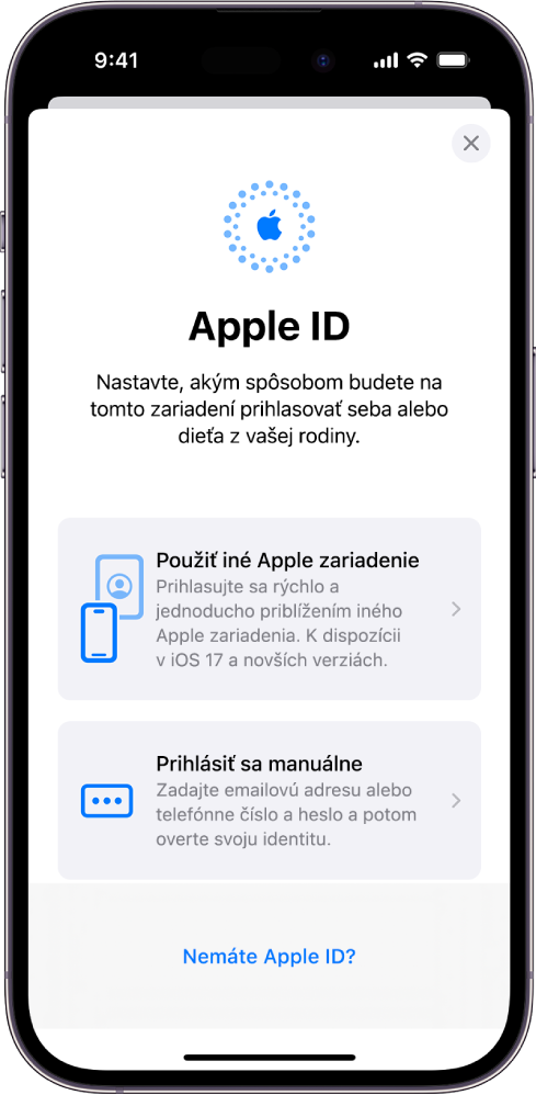 Prihlasovacia obrazovka Apple ID s možnosťami prihlásenia pomocou iného Apple zariadenia, manuálneho prihlásenia alebo možnosťou, keď nemáte Apple ID.