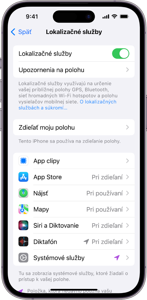 Obrazovka Lokalizačné služby s nastaveniami na zdieľanie polohy iPhonu vrátane vlastných nastavení pre jednotlivé apky.