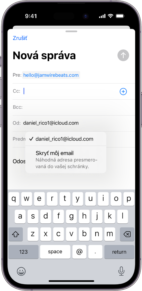 Rozpísaný koncept emailu. Pod vybraným poľom Od sa zobrazujú dve možnosti: osobná emailová adresa a možnosť Skryť môj email.