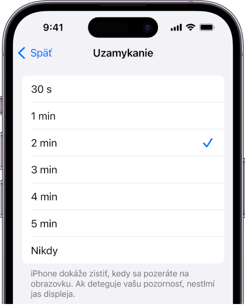 Obrazovka Uzamykanie s nastaveniami dĺžky času, po ktorom sa iPhone automaticky uzamkne.