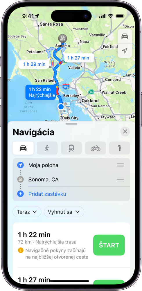 iPhone zobrazuje mapu trás autom so vzdialenosťou, odhadovaným trvaním a tlačidlami Štart. Každá trasa má farebné kódovanie s ohľadom na dopravnú situáciu.