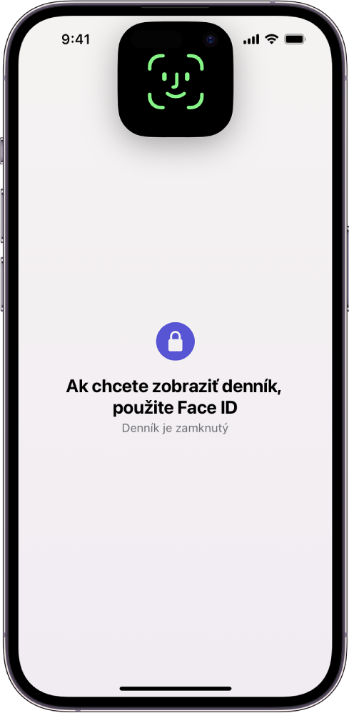 Obrazovka s výzvou na zadanie Face ID na odomknutie denníka.