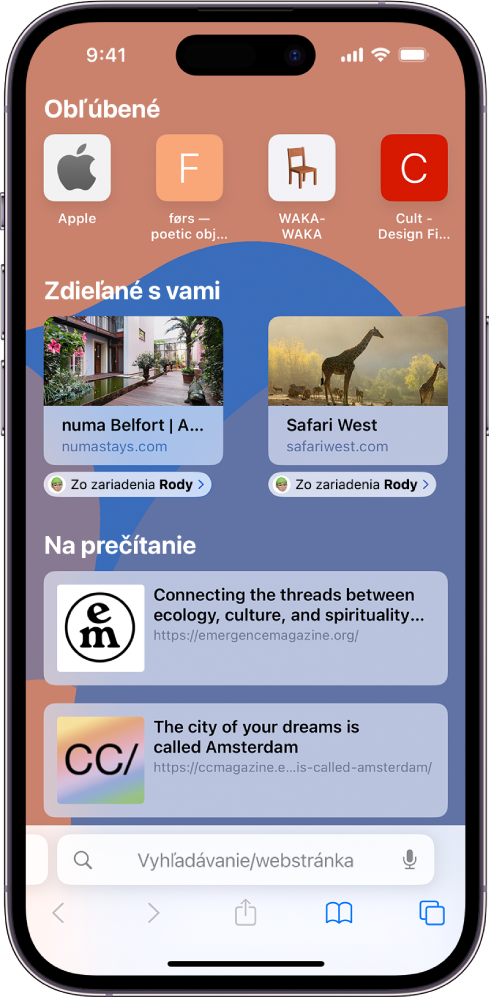 Úvodná stránka v Safari zahŕňa časť Zdieľané s vami s náhľadom dvoch webstránok. Pod náhľadom webstránok sú popisy s textom „Od Ruda“.