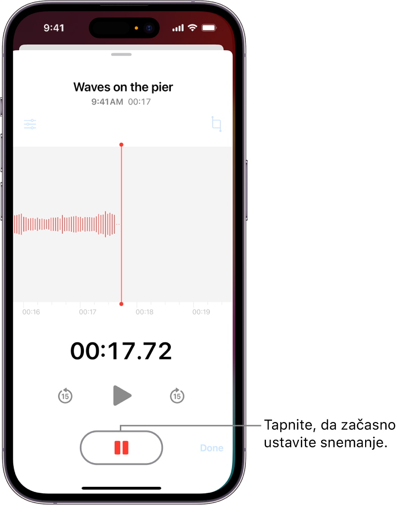 Snemanje Voice Memos, ki prikazuje valovno obliko zapisa, ki je v teku, skupaj z indikatorjem časa in gumbom za začasno zaustavitev snemanja.