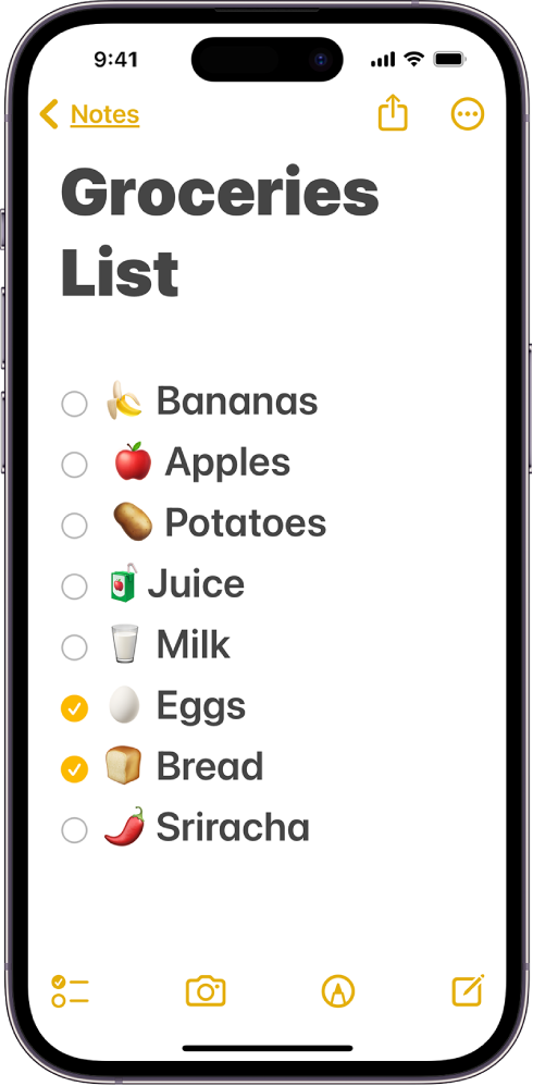 Seznam v aplikaciji Notes s krepkim besedilom, ki uporablja večje velikosti in vklopljene oblike gumbov za osebe z posebnimi potrebami.